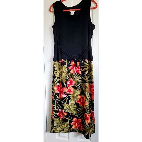 Expressions‎ 14 Vintage Maxi Dress Tropical Floral Print Black Top Strech - Picture 1 of 8